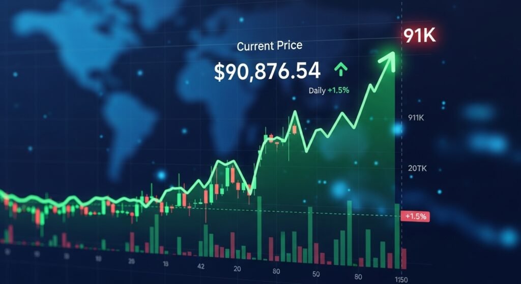 Bitcoin price today edging back toward the $91k zone