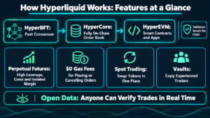 Hyperliquid features including vaults, leverage, spot trading, HyperCore and HyperEVM