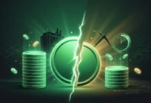 Green BCH-style coin split in half with a shrinking reward stack showing the Bitcoin Cash halving