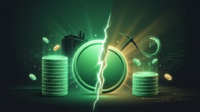 Green BCH-style coin split in half with a shrinking reward stack showing the Bitcoin Cash halving