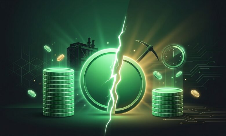 Green BCH-style coin split in half with a shrinking reward stack showing the Bitcoin Cash halving