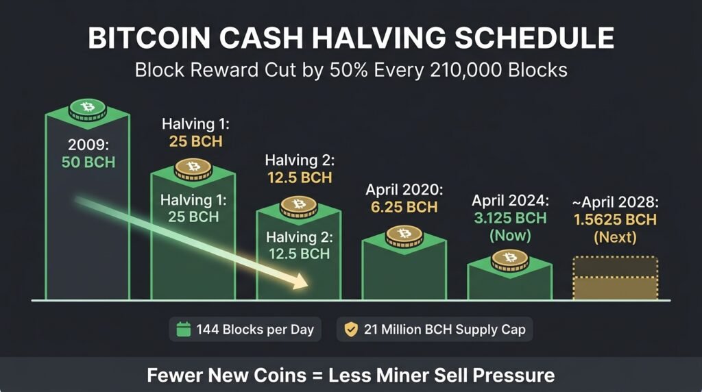 Countdown graphic of the next Bitcoin Cash halving at block 1,050,000 cutting the reward to 1.5625 BCH
