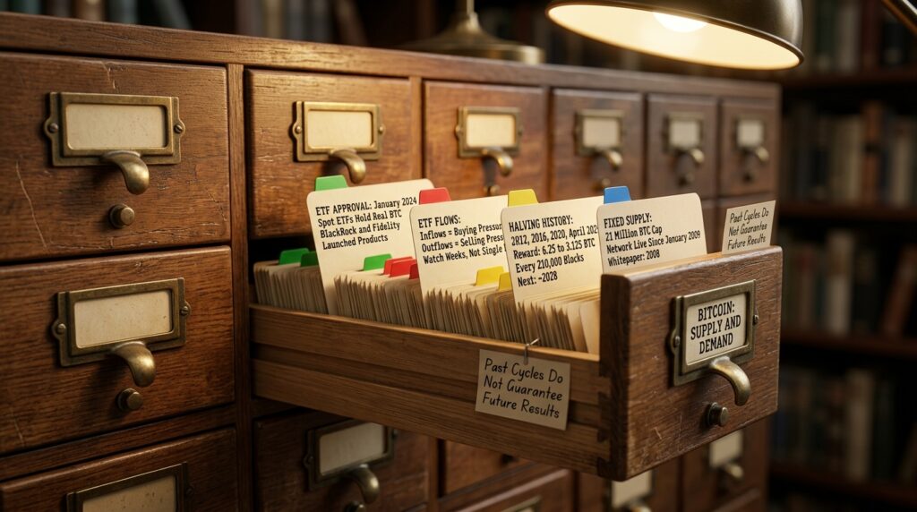 Bitcoin investment outlook 2026 card catalog explaining ETF approval in January 2024, the halving from 6.25 to 3.125 BTC and the 21 million cap