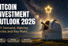 Bitcoin investment outlook 2026 concept with a telescope pointing at a golden Bitcoin star above an observatory dome