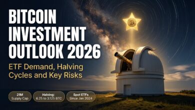 Bitcoin investment outlook 2026 concept with a telescope pointing at a golden Bitcoin star above an observatory dome