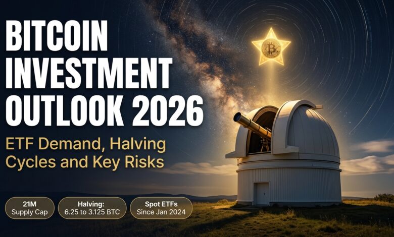 Bitcoin investment outlook 2026 concept with a telescope pointing at a golden Bitcoin star above an observatory dome