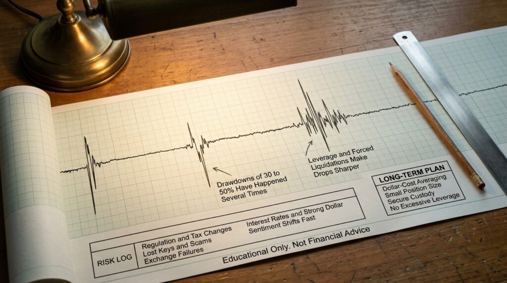 Bitcoin investment outlook 2026 seismograph-style chart showing 30 to 50 percent drawdowns with a risk log and long-term plan