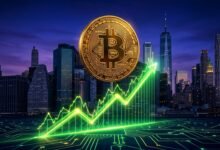 Golden Bitcoin rising above an upward chart showing the Bitcoin Q4 outlook after Wall Street raised its targets