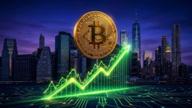 Golden Bitcoin rising above an upward chart showing the Bitcoin Q4 outlook after Wall Street raised its targets