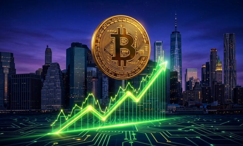 Golden Bitcoin rising above an upward chart showing the Bitcoin Q4 outlook after Wall Street raised its targets