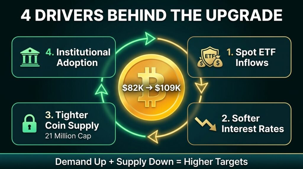 Diagram of the four drivers behind the Bitcoin Q4 outlook: ETF inflows, rate cuts, tighter supply, and adoption