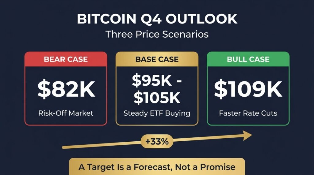 Infographic of the Bitcoin Q4 outlook showing base, bull, and bear case price targets from $82K to $109K