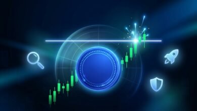 Blue Cardano-style coin pushing through a resistance line in a Cardano price prediction 2026 chart