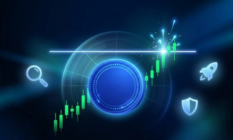 Blue Cardano-style coin pushing through a resistance line in a Cardano price prediction 2026 chart