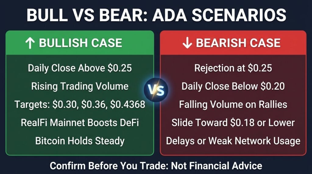 Infographic comparing bullish and bearish Cardano price prediction 2026 scenarios with ADA targets and warning signs