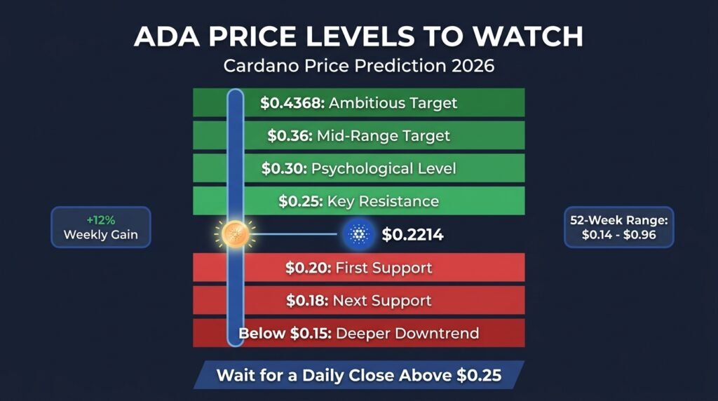 Chart of ADA resistance levels at $0.25, $0.30, $0.36, $0.4368 and support levels at $0.20 and $0.18