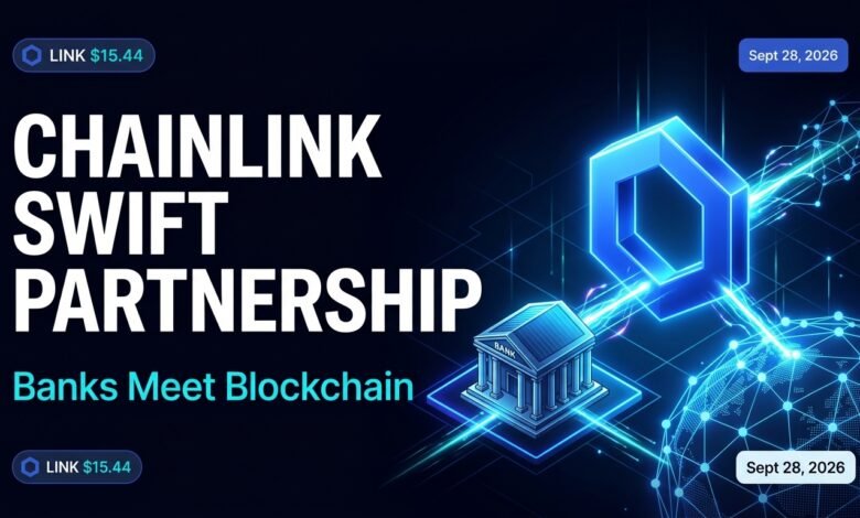 Chainlink Swift partnership LINK price chart showing the $15.44 peak, pullback to $14.14 and the $14 support zone