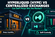Hyperliquid vs centralized exchanges concept showing a HYPE token and wallet facing a centralized exchange building