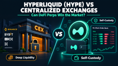 Hyperliquid vs centralized exchanges concept showing a HYPE token and wallet facing a centralized exchange building