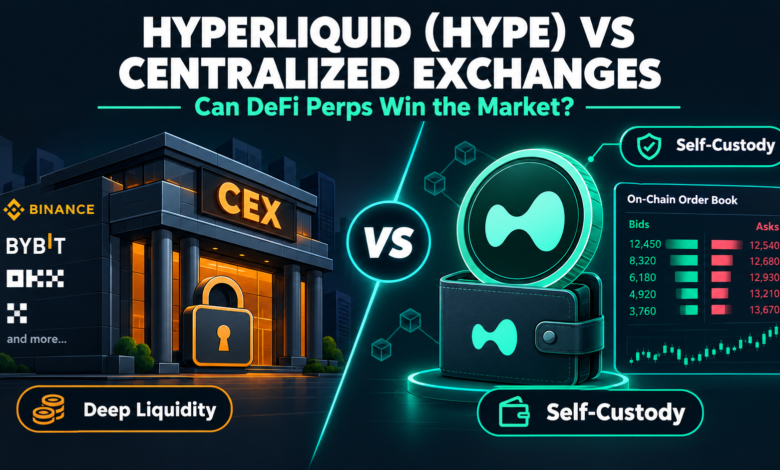 Hyperliquid vs centralized exchanges concept showing a HYPE token and wallet facing a centralized exchange building