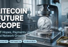 Litecoin future scope concept with a freshly minted silver LTC coin in a mint press