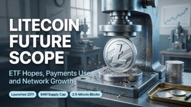 Litecoin future scope concept with a freshly minted silver LTC coin in a mint press