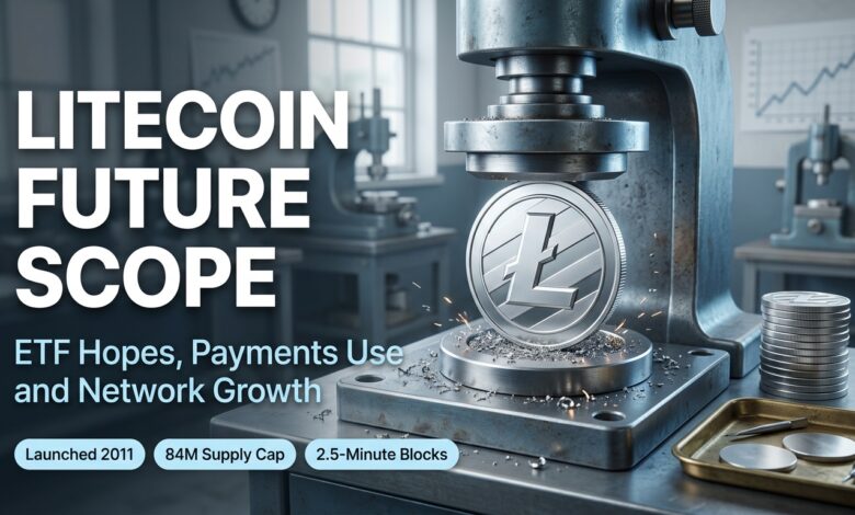 Litecoin future scope concept with a freshly minted silver LTC coin in a mint press