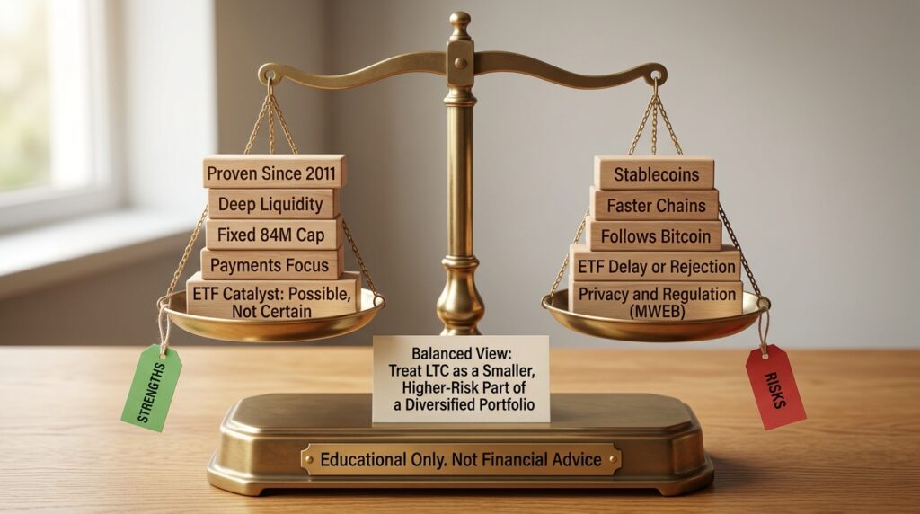 Litecoin future scope balance scale comparing strengths like the 84 million cap and liquidity against risks like stablecoin competition