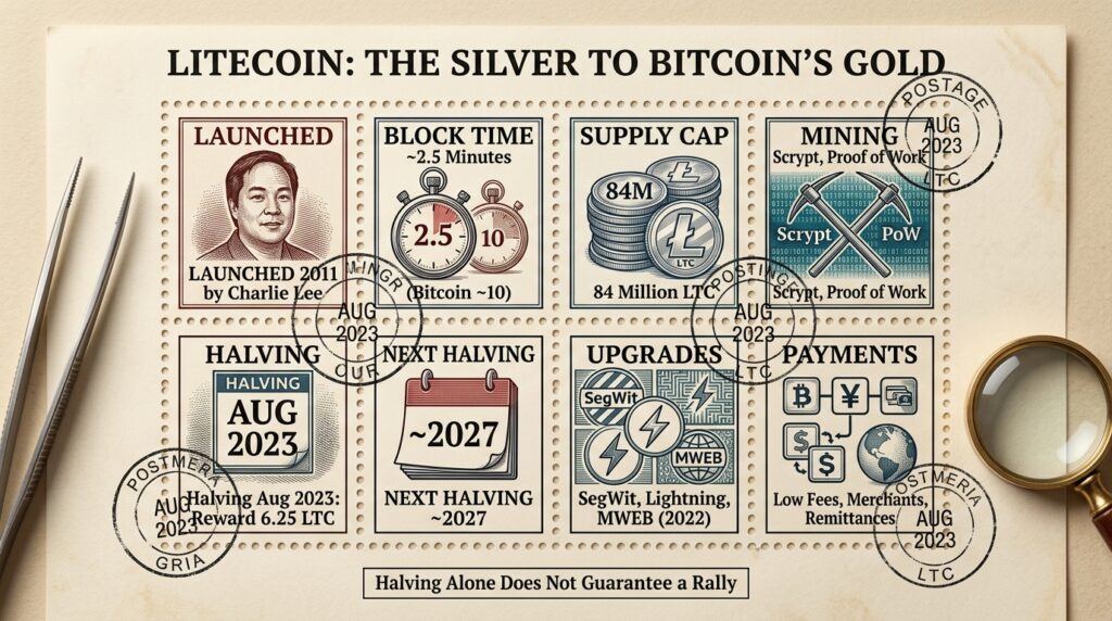 Litecoin future scope postage stamp sheet showing the 84 million cap, 2.5-minute blocks and the 6.25 LTC halving reward