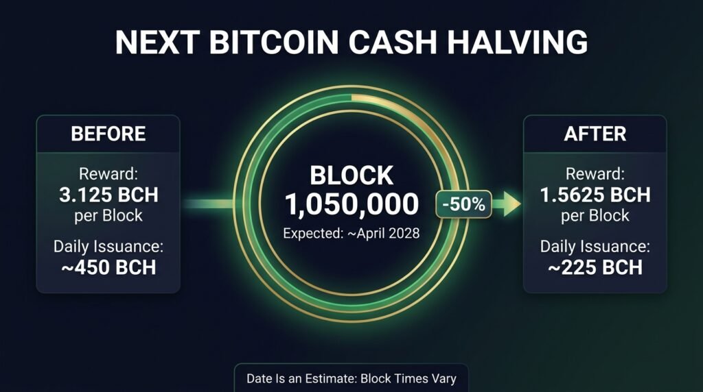 Infographic of the Bitcoin Cash halving block reward schedule falling from 50 BCH to 1.5625 BCH per block