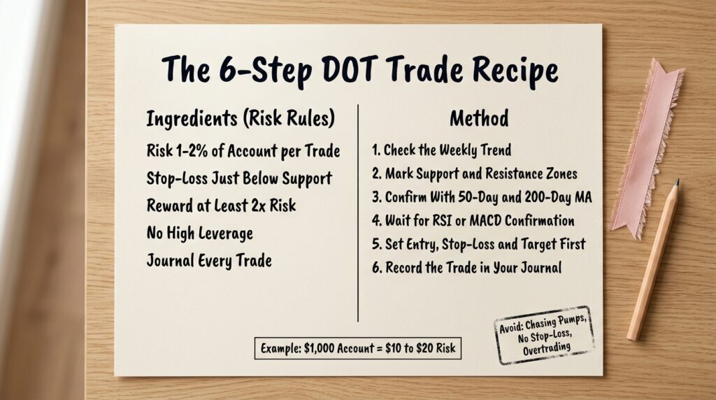 Polkadot trading strategy recipe card showing a six-step plan and risk rules of 1 to 2 percent per trade