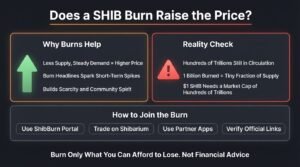 SHIB burn price impact infographic showing why burns help, the reality check on supply and how to join the community burn