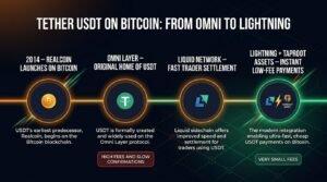 Tether USDT on Bitcoin timeline from the 2014 Omni Layer launch to Liquid Network and Lightning with Taproot Assets