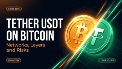 Tether USDT on Bitcoin concept showing a golden Bitcoin coin and a green USDT coin connected by glowing light