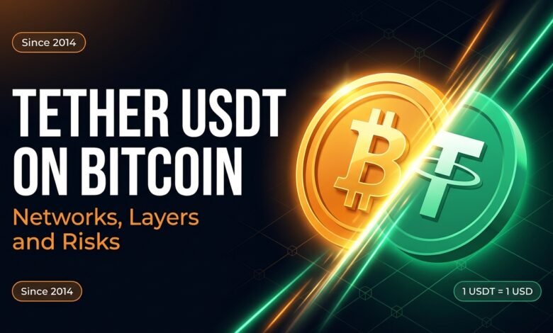 Tether USDT on Bitcoin concept showing a golden Bitcoin coin and a green USDT coin connected by glowing light