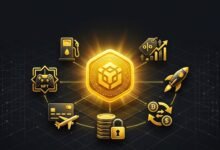 Golden BNB coin surrounded by icons showing the seven real-world uses of BNB in trading, DeFi, and payments