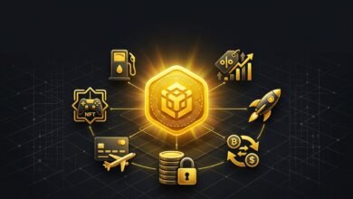 Golden BNB coin surrounded by icons showing the seven real-world uses of BNB in trading, DeFi, and payments