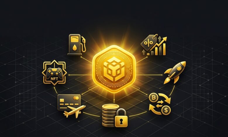 Golden BNB coin surrounded by icons showing the seven real-world uses of BNB in trading, DeFi, and payments