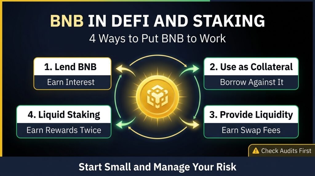Diagram of the uses of BNB in DeFi and staking, including lending, collateral, liquidity, and liquid staking