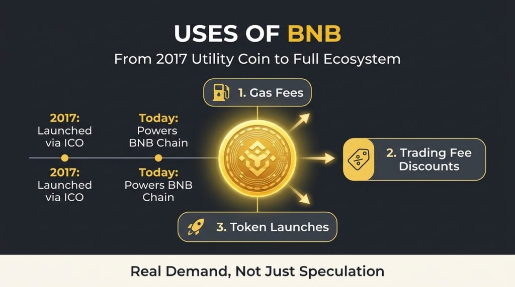 Infographic showing the uses of BNB across gas fees, trading discounts, and token launches since 2017