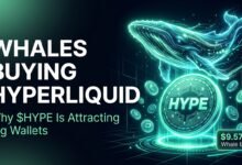 Whales buying Hyperliquid concept showing a glowing whale diving toward a HYPE token coin