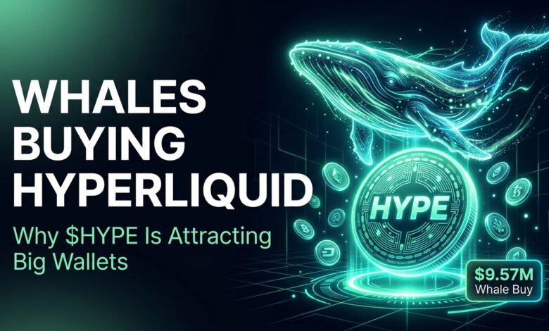 Whales buying Hyperliquid concept showing a glowing whale diving toward a HYPE token coin