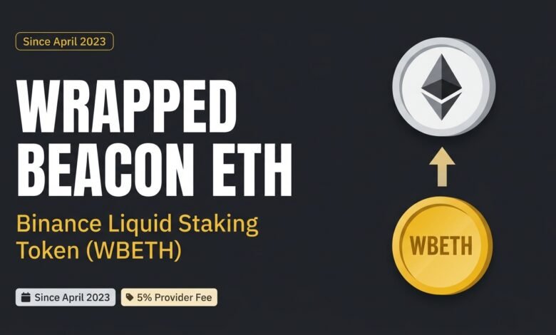 Wrapped Beacon ETH concept with a flat Ethereum coin and a golden WBETH coin connected by an upward arrow