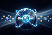 Glowing global payment network connecting banks and currencies to show the XRP future scope in cross-border payments