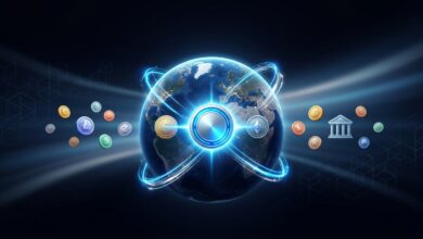 Glowing global payment network connecting banks and currencies to show the XRP future scope in cross-border payments