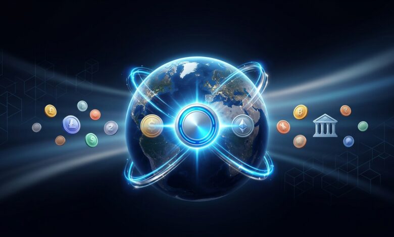Glowing global payment network connecting banks and currencies to show the XRP future scope in cross-border payments