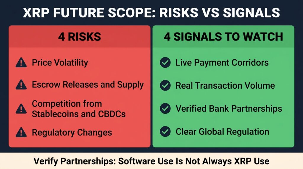 Infographic of four risks and four adoption signals to watch in the XRP future scope