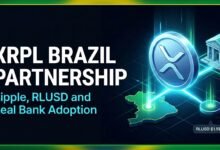 XRPL Brazil partnership concept with a glowing XRP coin connected to a Brazil map and a bank building