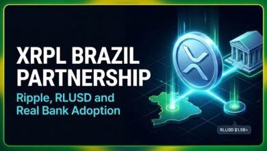XRPL Brazil partnership concept with a glowing XRP coin connected to a Brazil map and a bank building