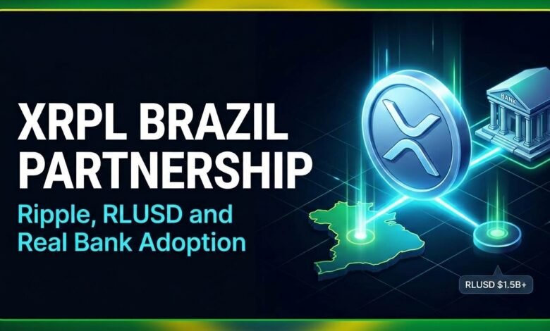 XRPL Brazil partnership concept with a glowing XRP coin connected to a Brazil map and a bank building